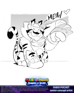 3_toes anthro beard black_stripes bottomwear clothing copyright_symbol dialogue ear_tuft eyes_closed facial_hair fangs feet fur gauntlets_(weapon) hair heart_symbol long_ears male male_anthro markings meow mitten_hands noseless open_mouth open_smile short_hair shorts simple_background sitting smile solo striped_markings striped_tail stripes symbol tail tail_markings teeth text title toes tongue torn_bottomwear torn_clothing torn_shorts tuft two_tone_tail white_background white_beard white_body white_facial_hair white_fur white_hair white_tail white_tongue year fabio_pochet mario_bros mario_plus_rabbids_sparks_of_hope nintendo raving_rabbids rayman_(series) ubisoft wildclaw_(mario_plus_rabbids) felid hybrid lagomorph mammal pantherine rabbid tiger 2022 4:5 absurd_res artist_name crossover digital_drawing_(artwork) digital_media_(artwork) english_description english_text greyscale hi_res monochrome official_art shaded simple_shading sketch