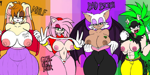 abs anthro armor bedroom_eyes big_breasts body_writing bottomwear bracelet breast_tattoo breastplate breasts clothed clothing clothing_lift dress dress_lift ear_piercing eyeshadow fangs female flashing flashing_breasts gloves group hair handwear huge_breasts jewelry looking_at_viewer makeup narrowed_eyes nipple_piercing nipples panties piercing pink_nipples ponytail seductive sharp_teeth shirt shirt_lift skirt smile tattoo teeth thigh_gap tongue tongue_out topwear underwear unitard vest wings hollardude idw_publishing sega sonic_the_hedgehog_(comics) sonic_the_hedgehog_(idw) sonic_the_hedgehog_(series) amy_rose rouge_the_bat surge_the_tenrec vanilla_the_rabbit afrosoricid bat eulipotyphlan hedgehog honduran_white_bat lagomorph leaf-nosed_bat leporid mammal microbat rabbit tenrec yangochiropteran hi_res