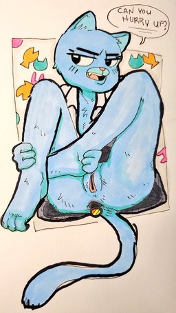 anal anal_penetration annoyed anthro blue_body blue_fur buttplug buttplug_in_ass buttplug_insertion clothed clothing embarrassed female fur genitals object_in_ass open_clothing open_shirt open_topwear penetration plantigrade plug_(sex_toy) plug_insertion sex_toy sex_toy_in_ass sex_toy_insertion shirt solo text topwear vulva luskelow cartoon_network the_amazing_world_of_gumball nicole_watterson domestic_cat felid feline felis mammal 2021 english_text traditional_media_(artwork)