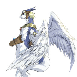 anthro blonde_hair blue_body clothing eyewear eyewear_on_head feathered_wings feathers furgonomic_piercing furgonomics gloves goggles goggles_on_head hair handwear male piercing rear_view solo tail white_body wing_piercing wings osakana_gabu legendz mythology shiron dragon mythological_creature mythological_scalie scalie windragon 1:1 hi_res