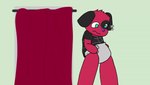 anthro blush clothed clothing clothing_lift curtains dialogue diaper diaper_change duo embarrassed exclamation_point female peaking shirt shirt_lift simple_background standing topwear srcfur animal_crossing nintendo cherry_(animal_crossing) mabel_able canid canine mammal porcupine rodent animated