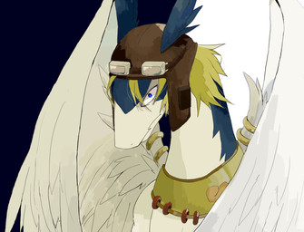 ambiguous_gender anthro aviator_cap blonde_hair blue_body blue_eyes collar eyewear feathered_wings feathers furgonomic_piercing furgonomics goggles hair kemono looking_at_viewer multicolored_body piercing simple_background solo two_tone_body white_body wing_piercing wings sigi0406 legendz mythology shiron dragon mythological_creature mythological_scalie scalie windragon bust_portrait portrait