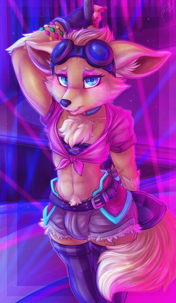 abs abstract_background anthro athletic athletic_male blush bodily_fluids bottomwear bulge chest_tuft clothing cosplay crop_top eyeshadow eyewear femboy fur gloves goggles handwear hotpants leggings legwear looking_at_viewer makeup male midriff pink_clothing pink_eyeshadow pink_shirt pink_topwear pole shirt shorts solo sweat tan_body tan_fur topwear tuft dimwitdog hi-rez_studios paladins_(game) pip_(paladins) canid canine fox mammal 2018 absurd_res alternate_version_at_source digital_media_(artwork) hi_res