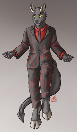 anthro black_body black_clothing black_fur black_necktie black_suit clothing fur hooves horn male necktie red_clothing red_shirt red_topwear shirt solo suit topwear yellow_eyes ezcett declan_xavier_(character) canid canid_demon demon mammal hi_res