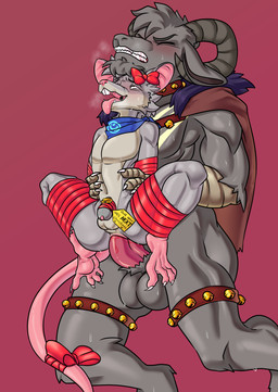 accessory ahegao anal anal_penetration anthro balls bdsm bell bell_harness big_balls big_penis bodily_fluids bondage bound bovid_horn bow_ribbon buckteeth caprine_horn chastity_cage chastity_device chest_markings cloak clothing cosplay curved_horn duo feet fleshlight_position fur furgonomics genitals grey_body grey_fur hair_accessory hair_bow hair_ribbon hands_behind_back harness holidays horn kerchief looking_pleasured male male/male markings muscular penetration penis pink_feet pink_nose ram_horn rat_tail ribbon_bondage ribbons sweat tail tail_accessory tail_bow tail_ribbon teeth tongue tongue_out beaverbastard christmas arwin_(golddrake) krampus vendal_(phantomotc) bovid caprine demon goat mammal murid murine rat rodent absurd_res hi_res