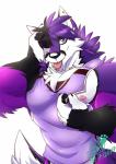 anthro biceps black_hair black_nose blue_eyes clothing ear_piercing fur hair looking_at_viewer male muscular muscular_anthro muscular_male nipple_zipper nipples one_eye_closed pecs piercing purple_body purple_fur purple_hair simple_background smile solo tongue tongue_out top_tank_meme white_background white_body white_fur wink oleola123 meme_clothing shyloc canid canine canis fox hybrid mammal wolf absurd_res hi_res meme