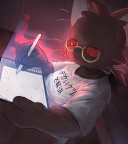 anthro anus backsack balls black_body black_fur bottomless clothed clothing drawing_(action) drawing_pen drawing_tablet electronics eyewear fire fur genitals glasses holding_object holding_pen inside kemono leaning leaning_backward leaning_on_object looking_at_object looking_at_phone looking_down male mouthless pen phone red_sclera shirt shirt_only solo tablet tail text topwear topwear_only tuft whiskers white_clothing white_shirt white_topwear lionraion clip_studio_paint_(copyright) domestic_cat felid feline felis mammal 2025 digital_media_(artwork) hi_res japanese_text shaded translation_request