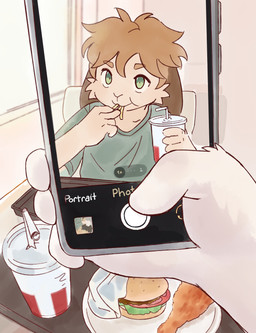 anthro brown_hair burger cheek_tuft disembodied_hand duo eating electronics facial_tuft fast_food food fries fur furniture green_eyes hair holding_object holding_phone inside looking_at_viewer male phone short_hair table taking_picture tan_body tan_fur text tuft arnd_dawn lagomorph leporid mammal rabbit absurd_res colored digital_drawing_(artwork) digital_media_(artwork) english_text hi_res