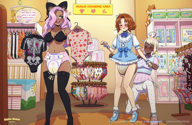 baby_mobile blue_clothing blue_diaper bodily_fluids bottomwear bra brown_hair clothed clothing clothing_rack detailed_background diaper diaper_cover diaper_package diaper_under_clothing diaper_use dress feces female genital_fluids group hair not_furry onesie pants peeing pink_diaper pink_hair plushie pooping shelf skirt soiled_diaper soiling soiling_diaper store teddy_bear text trio unclean_diaper underwear urine used_diaper wearing_diaper wet_diaper wetting wetting_diaper white_hair kuma-dasai calissa_(ursamajorbrat) bear mammal absurd_res english_text hi_res