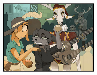 anthro antlers armor belt black_clothing black_shirt black_topwear border city clothed clothing crowd dessert fantasy feather_hat female food freckles frilly fur green_eyes grey_body grey_fur grin group hand_on_shoulder horn ice_cream male mechanical_body musical_instrument nervous nervous_smile plate_armor pouch_(anatomy) pouch_purse raised_arm rolled_up_sleeves shirt short_sleeves smile tan_body tan_fur topwear tuft whistle_(object) white_eyes wood yellow_body yellow_fur yitexity tinderkell glass_(tinderkell) zeb_(tinderkell) automaton bovid bovine canid deer lagomorph mammal 2025 absurd_res hi_res