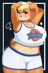 anthro basketball_uniform big_breasts blue_eyes blush bottomwear bouncing_breasts breasts buckteeth butt clothing female gloves hair hand_on_head handwear huge_breasts legwear navel open_mouth open_smile overweight overweight_anthro overweight_female ponytail rabbit_ears scut_tail short_tail shorts slightly_chubby smile solo sportswear steam tail teeth thick_thighs thigh_highs tune_squad_outfit tune_squad_outfit_(1996) uniform wide_hips braffy looney_tunes space_jam warner_brothers lola_bunny absurd_res hi_res