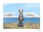 ambiguous_gender anthro border brown_body clothed clothing cloud footwear grass grey_body horizon multicolored_body outside plant rear_view sea seascape seaside shoes sky solo standing tail two_tone_body two_tone_tail water white_border bruno_borker canid canine mammal hi_res