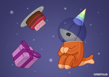 anthro big_eyes birthday birthday_cake black_eyes cake chibi clothed clothing dessert food gift grey_body hat headgear headwear male orange_clothing party_hat simple_background solo space spacesuit star orbitalis orb_(orbitalis) aquatic fish shark