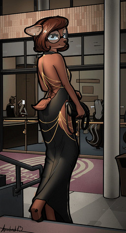 anthro blue_eyes bob_cut brown_body brown_fur building chain_accessory clothing dress ear_piercing eyewear female fur glasses group hair handbag looking_at_viewer looking_back looking_back_at_viewer piercing purse red_hair scut_tail short_hair short_tail slim smile solo_focus stairs standing tail wearing_glasses apocheck13 hollow_hip_backless_chain_dress background_character evelyn_alexandra_(workablegoblin) cervine deer mammal red_deer full-length_portrait hi_res portrait