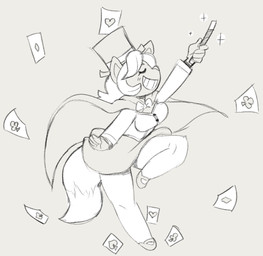 5_fingers anthro biped bottomwear breasts cape clothed clothing eyes_closed female fingers grey_background grin hair hat headgear headwear magic_wand simple_background skirt smile solo angstrom domestic_cat felid feline felis mammal 2018 character_request digital_media_(artwork)