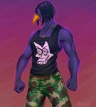 anthro black_hair bottomwear camo camo_clothing camo_print cargo_pants clothing hair looking_at_viewer male pants pattern_clothing print_clothing print_shirt print_topwear shirt solo standing tank_top topwear trashkingroth vina.ink vtuber markmurders avian bird corvid corvus_(genus) crow oscine passerine hi_res signature