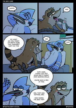 anthro balls bed blush blush_lines bodily_fluids breath dialogue duo erection furniture genitals male male/male nervous nervous_sweat nude_anthro nude_male on_bed panting paws penis pillow saliva saliva_on_penis saliva_string smug_grin speech_bubble sweat text tongue tongue_out fudatsu cartoon_network regular_show mordecai_(regular_show) rigby_(regular_show) avian bird blue_jay corvid jay_(bird) mammal new_world_jay oscine passerine procyonid raccoon 2026 comic english_text hi_res