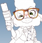 anthro bell clothing dart_gun dress eyewear female fur glasses green_eyes hair simple_background smile solo uniform weapon white_body white_fur white_hair notama disney zootopia dawn_bellwether bovid caprine domestic_sheep mammal sheep 2016 digital_media_(artwork)