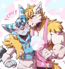 blue_body blue_fur blush blushing_profusely candy clothing cotton_candy dessert duo embarrassed food fur hug kissing male male/male muscular nipple_slip onomatopoeia piercing pink_clothing shirt sound_effects sparkles tank_top text topwear white_body white_fur yellow_body yellow_fur myiko furloid ratchet_and_clank sony_corporation sony_interactive_entertainment utau dengen_(gran678) waltt domestic_cat felid feline felis lombax mammal hi_res pastel_theme
