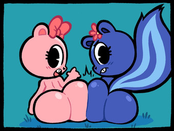 accessory anthro big_butt black_eyes blue_background blue_body blue_fur bow_accessory bow_ribbon butt duo eyelashes female flower flower_in_hair fur hair hair_accessory hair_bow hair_ribbon looking_at_viewer looking_back open_mouth pink_body pink_fur plant rear_view ribbons simple_background tail yopy happy_tree_friends giggles_(htf) petunia_(htf) chipmunk ground_squirrel mammal rodent sciurid 2026 digital_media_(artwork)