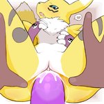 1:1 3_fingers alternate_version_at_source anthro bandai_namco blue_eyes clitoris digimon digimon_(species) duo female fingers genitals heart_symbol neck_tuft nude penetration pussy renamon sex_toy sex_toy_insertion solo_focus speech_bubble spread_legs spreading tuft vaginal vaginal_penetration y0dare yellow_body