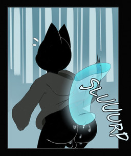 anthro balls big_butt big_tongue butt butt_lick duo genitals licking male rear_view robe_lift surprised tongue wet_butt petbasilisk google google_doodle magic_cat_academy momo_(google) domestic_cat felid feline felis ghost mammal spirit hi_res