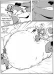 anthro balls big_balls bottomwear bulge canid canine canis clothing comic dialogue digital_drawing_(artwork) digital_media_(artwork) duo english_text genitals greyscale hi_res hoshi_(a_side) huge_balls hyper hyper_balls hyper_genitalia jockstrap loincloth male male/male mammal monochrome muscular raccoon_dog reagan700 slightly_chubby tanuki text underwear wolf