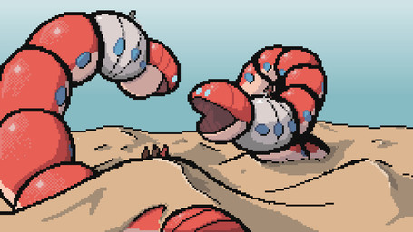 ambiguous_gender desert feral darkgate nintendo pokemon arthropod generation_9_pokemon orthworm pokemon_(species) 16:9 digital_media_(artwork) pixel_(artwork) widescreen