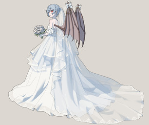 backless_dress bare_shoulders blue_hair bouquet braided_hair claws clothing dress ear_piercing female flower gem gloves hair handwear holding_bouquet holding_flower holding_object jewelry looking_at_viewer membrane_(anatomy) membranous_wings necklace pearl_(gem) pearl_necklace piercing plant pupils red_eyes slit_pupils solo standing wedding_dress white_clothing white_dress white_flower white_gloves white_handwear wing_claws wings yopofen touhou remilia_scarlet humanoid vampire winged_humanoid absurd_res full-length_portrait hi_res portrait