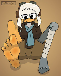 4_toes amputee barefoot beak blush body_blush bottomwear breasts clothed clothing cybernetic_leg cybernetic_limb cybernetics disability eyewear eyewear_on_head feet female foot_blush foot_focus goggles goggles_on_head humanoid_feet jacket machine plantigrade prosthetic prosthetic_leg prosthetic_limb scarf shorts smile soles solo toes topwear mrchasecomix disney ducktales ducktales_(2017) della_duck anatid anseriform avian bird cyborg duck hi_res