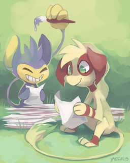 brush duo eyes_closed grass green_eyes holding_object male paint paper plant prehensile_tail smile tail tail_hand teeth unusual_anatomy unusual_tail darmp nintendo pokemon aipom generation_2_pokemon haplorhine mammal monkey pokemon_(species) primate smeargle 2013 4:5 digital_media_(artwork) digital_painting_(artwork) hi_res painting_(artwork)