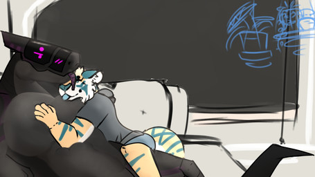 anthro blep blush blush_lines clothed clothing cuddling duo glowing glowing_eyes hug laying_on_top lying male male/male nuzzling on_back simple_background tail tongue tongue_out vallis_cloven g.ram_(vallis-cloven) vallis_cloven_(character) cervine deer felid feline hybrid mammal synth_(vader-san) hi_res sketch