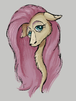 female feral floppy_ears hair long_hair looking_at_viewer pink_hair shy simple_background solo teal_eyes yellow_body deidad_dissitum friendship_is_magic hasbro my_little_pony fluttershy_(mlp) equid equine horse mammal pony headshot_portrait portrait sketch