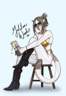 accessory alcohol anthro aviator_glasses beer beer_foam beverage beverage_can bikini boots bracelet breasts brown_eyebrows brown_hair brown_nose chain chain_necklace clothing cowboy_boots cross cross_piercing dripping dripping_liquid ear_piercing eyebrows eyelashes eyeshadow eyewear female fingernails footwear fur furniture glasses gold_(metal) gold_bikini gold_bikini_bottom gold_bikini_top gold_chain hair hair_accessory hairclip holding_beer holding_beverage holding_object jewelry leather leather_boots leather_clothing leather_footwear looking_at_viewer makeup nails necklace one_leg_up piercing raised_leg ring shoes solo stool sunglasses swimwear tail tongue tongue_out two-piece_swimsuit white_body white_fur goddamnitrobin golden_week sapporo robin_(goddamnitrobin) domestic_cat felid feline felis mammal 2026 digital_drawing_(artwork) digital_media_(artwork) hi_res signature