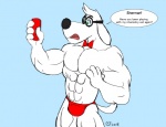 abs anthro beverage biceps big_muscles biped black_nose blue_background bow_(feature) bow_tie bulge clothed clothing dialogue exclamation_point eyewear food fur glasses green_eyes hair male muscular muscular_anthro muscular_male open_mouth pecs red_clothing red_speedo red_swimwear simple_background solo speech_bubble speedo standing swimwear text tongue topless white_body white_fur white_hair caseyljones dreamworks jay_ward_productions mr._peabody_and_sherman mr._peabody canid canine canis domestic_dog mammal 2014 english_text