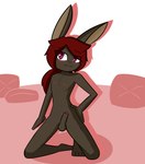 anthro blush blush_lines body_blush brown_body brown_fur chest_tuft erection featureless_chest foreskin fur genitals glans hair hand_on_hip humanoid_genitalia humanoid_penis kneeling male nipple_blush nude penis penis_blush pink_eyes pink_glans ponytail rabbit_ears red_hair simple_background solo tuft bnuykass lagomorph leporid mammal rabbit hi_res