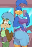 anthro anthrofied beak big_breasts big_butt blue_body blue_feathers bodily_fluids bottomwear bra breasts brown_body brown_fur butt cellphone cleavage clothed clothing dumbbell duo electronics exercise feathers female fingers fur hotpants huge_butt inside male midriff motion_lines multicolored_body multicolored_fur open_beak open_mouth phone shorts sports_bra standing sweat sweatdrop tan_body tan_fur thick_thighs two_tone_body two_tone_fur underwear weights usnarbit looney_tunes warner_brothers road_runner_(looney_tunes) wile_e._coyote avian bird canid canine canis coyote mammal hi_res