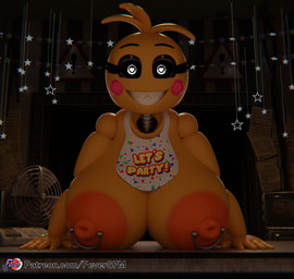 5_fingers areola bib big_breasts blush blush_stickers breasts eyebrows female fingers heart_eyes heart_symbol huge_breasts looking_at_viewer machine nipple_piercing nipple_ring nipples orange_areola orange_nipples piercing ring_piercing sharp_teeth solo teeth text yellow_body feversfm five_nights_at_freddy's five_nights_at_freddy's_2 scottgames toy_chica_(fnaf) animatronic robot 3d_(artwork) digital_media_(artwork) url