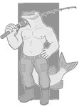 5_fingers anthro bottomwear clothing fingers fishing_rod footwear hand_on_hip holding_object looking_at_viewer male musclegut muscular nipples open_mouth pants shoes solo standing snarkysardine fish marine muskellunge 2020 absurd_res full-length_portrait hi_res monochrome portrait