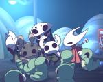 anthro black_body black_eyes bodily_fluids clothed clothing featureless_feet feet female feral group horn larva male outside sitting smile sweat white_horn nettsuu hollow_knight team_cherry bretta_(hollow_knight) elderbug_(hollow_knight) hornet_(hollow_knight) quirrel_(hollow_knight) the_knight_(hollow_knight) arthropod caterpillar grub_(hollow_knight) grub_(insect) humanoid insect vessel_(species) 2018 5:4