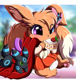 accessory bow_ribbon brown_body brown_fur cake clothing dessert diaper dress eating female feral food fur furgonomics hair_accessory hair_bow hair_ribbon heterochromia plushie ribbons scarf simple_background sitting solo tail tail_accessory tail_bow tail_ribbon young young_feral pridark nintendo pokemon fan_character gracie_(sweetcupcake) eevee eeveelution generation_1_pokemon generation_2_pokemon pokemon_(species) umbreon 2023 absurd_res digital_media_(artwork) hi_res