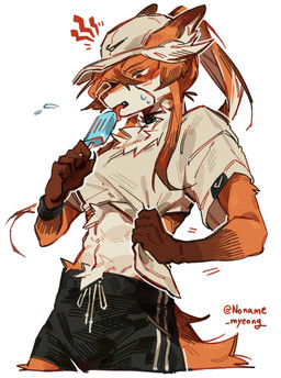 5_fingers anthro black_bottomwear black_clothing black_shorts bodily_fluids bottomwear choker clothed clothing clothing_grab female female_anthro fingers food front_view fully_clothed fur hat headgear headwear holding_food holding_object holding_popsicle humanoid_hands jewelry licking_popsicle midriff monotone_background necklace orange_body orange_fur popsicle shorts simple_background snout solo sweat sweatdrop tan_clothing tan_shirt tan_topwear text topwear white_background noname_myeong jeanne_(noname_myeong) canid canine fox mammal absurd_res artist_name hi_res signature