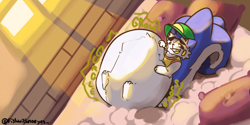 4_fingers ambiguous_gender ambiguous_prey blue_body blue_fur clothed clothing detailed_background eyewear eyewear_on_head feet feral fingers fur hat headgear headwear high-angle_view male onomatopoeia open_mouth pillow simple_background solo sound_effects sunglasses sunglasses_on_head tail teeth text toes two_tone_tail vore vore_bulge white_body white_fur fishwithnoeyes nintendo pokemon lance_(fishwithnoeyes) generation_4_pokemon pachirisu pokemon_(species) 2:1 digital_media_(artwork) hi_res signature