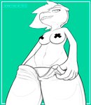 5_fingers anthro bottomwear breasts clothed clothing cyan_background female fingers grin hair low-angle_view nipple_tape non-mammal_breasts panties pants pasties sharp_teeth simple_background smile solo tape teeth topless underwear undressing unzipped zipper fish marine shark hi_res