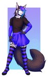 anthro black_clothing black_hair black_shirt black_topwear blue_bottomwear blue_clothing blue_eyes blue_highlights blue_shirt blue_skirt blue_topwear bottomwear clothed clothing clothing_lift crossdressing ear_tuft femboy fluffy fluffy_tail fur hair highlights_(coloring) legwear leopard_spots long_hair male shirt simple_background skirt skirt_lift smile solo spots tail thigh_highs topwear tuft white_body white_fur masahikoko jay_mcyaru felid feline lynx mammal pantherine snow_leopard 2023 digital_media_(artwork) full-length_portrait portrait