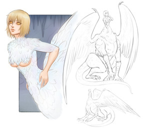 4_toes 5_fingers arms_bent big_wings blonde_hair blue_background border breasts claws feathered_wings feathers feet female fingers front_view hair hand_on_chin hands_behind_back hands_on_waist lips long_tail looking_up multiple_angles nude open_mouth orange_eyes pecs plantigrade quadruped scales short_hair side_view simple_background sitting small_upper_body smile solo spread_wings standing straight_hair tail tan_body tan_skin tapering_tail thick_tail toes white_body white_border white_feathers wing_claws wings splanyic delicious_in_dungeon mythology falin_touden avian avian_taur dragon dragon_taur humanoid_taur hybrid mythological_creature mythological_scalie scalie taur 2026 absurd_res colored digital_drawing_(artwork) digital_media_(artwork) hi_res shaded sketch soft_shading