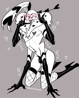 armwear blush boots bulge clothing femboy fishnet_clothing footwear gloves grey_background handwear heart_symbol high_heeled_boots high_heels male navel navel_piercing open_mouth panties piercing shoes simple_background solo text thong tongue tongue_out underwear minoruaniki hazbin_hotel hellaverse valentino_(hazbin_hotel) arthropod demon humanoid insect lepidopteran moth artist_name hi_res