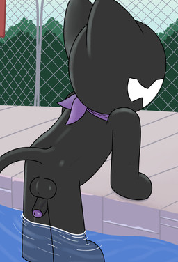 anthro balls black_body butt eyeless fangs fence genitals kerchief male open_mouth outside penis purple_kerchief solo swimming_pool teeth wet wet_body aaron_amethyst monstercat_media monstercat absurd_res hi_res