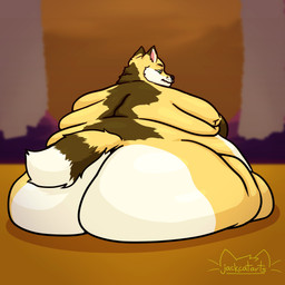 anthro belly big_belly big_butt black_nose brown_eyebrows butt dipstick_ears dipstick_tail ear_markings eyebrows fur green_eyes huge_belly huge_butt male markings morbidly_obese morbidly_obese_anthro morbidly_obese_male multicolored_body multicolored_ears multicolored_fur obese obese_anthro obese_male overweight overweight_anthro overweight_male sitting solo tail tail_markings yellow_body yellow_fur jackcatarts canid canine mammal 1:1 absurd_res hi_res shaded