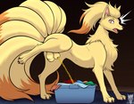 9_tails animal_genitalia animal_penis balls black_claws bodily_fluids canine_genitalia canine_penis caught caught_in_the_act claws clothing dipstick_tail emanata feral fully_sheathed fur genital_fluids genitals hair hiked_leg laundry laundry_basket logo looking_at_viewer male male_peeing markings multi_tail open_mouth orange_tail_tip paws peeing peeing_on_clothing penis raised_leg sheath simple_background solo tail tail_markings urine urine_splash urine_stream watersports wet wet_clothing yellow_body yellow_fur lycadio nintendo pokemon canid canine generation_1_pokemon mammal ninetales pokemon_(species) artist_logo digital_media_(artwork) hi_res signature